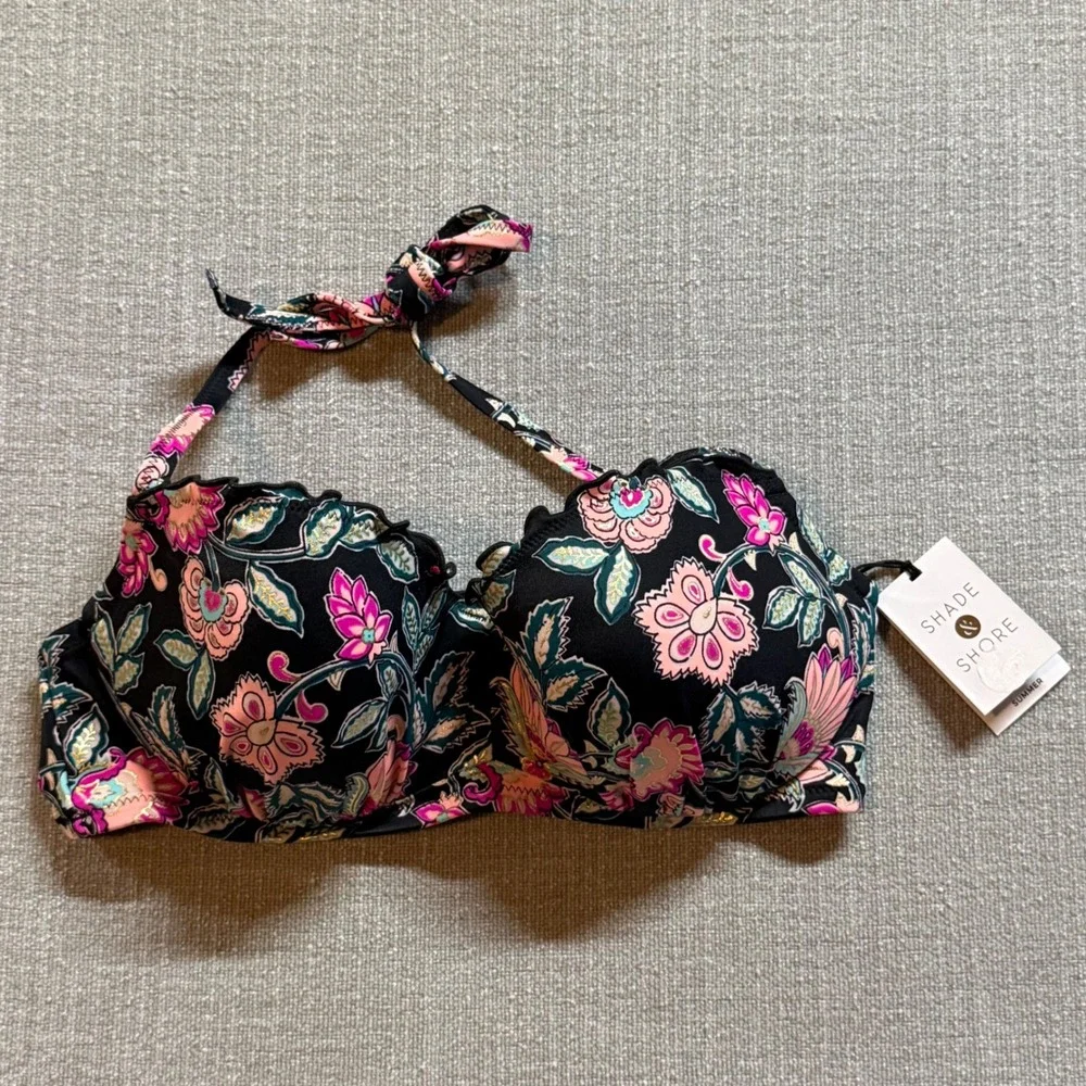 Shade & Shore Bikini Top 38B Black Floral Scalloped Halter Underwire Swim NWT